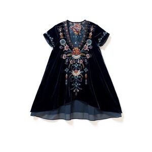 Johnny Was Velvet Embroidered V Neck Tunic Top Blue XS Romantic boho floral